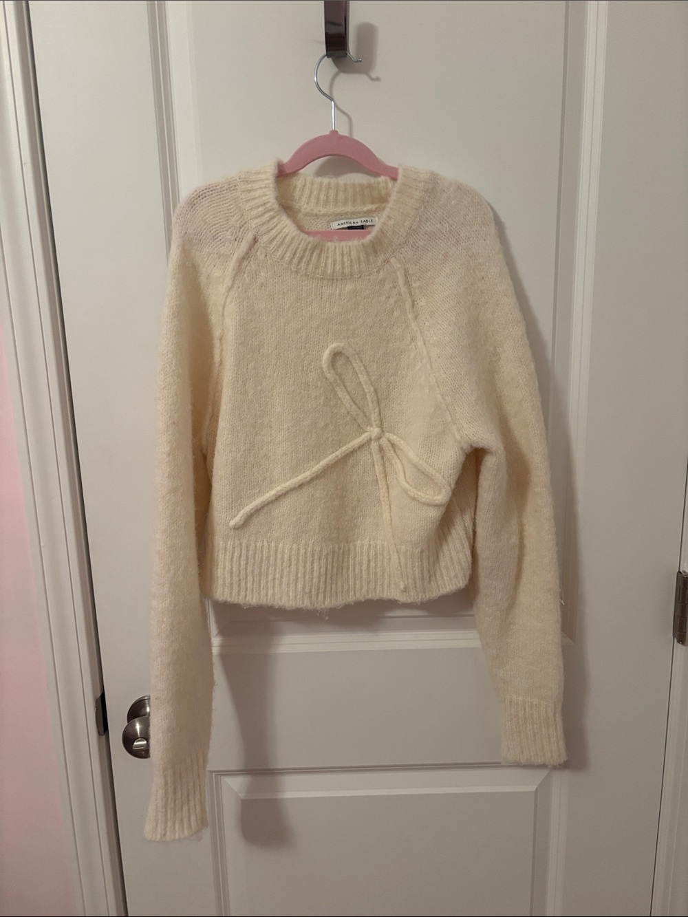 American Eagle Outfitters Cream Tie-Front Crewneck Sweater